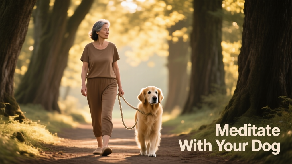 A person walking mindfully on a tree-lined path with their dog on a loose leash, both appearing relaxed and present