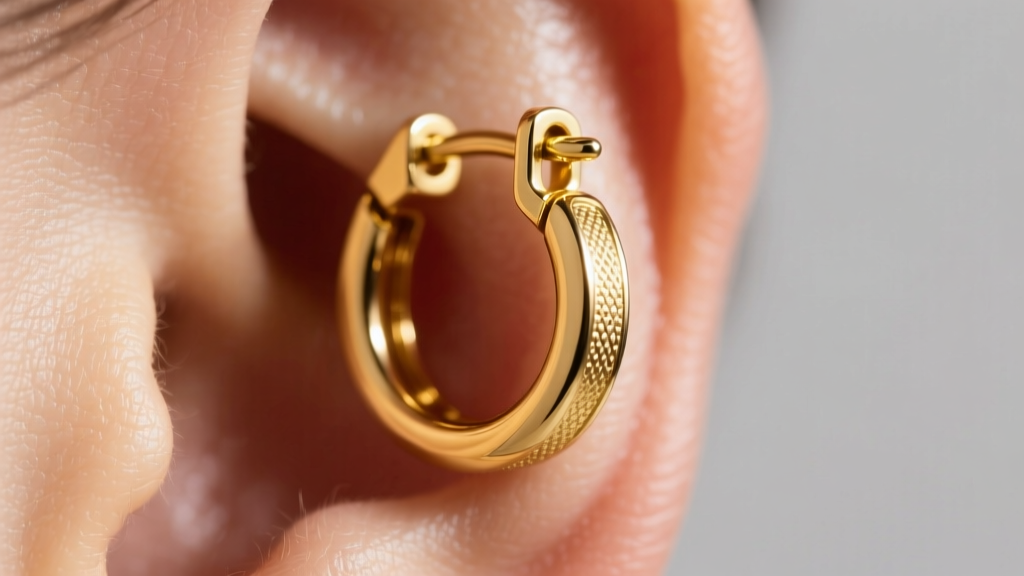 Macro shot of a 14k yellow gold hinged hoop earring closure clicking into place on an earlobe under bright studio lighting setup