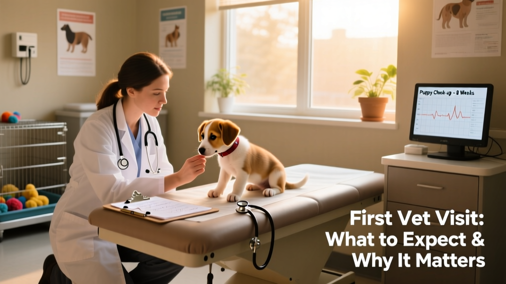 A calm, well-lit exam room with a veterinarian gently examining a small, curious puppy on a padded table