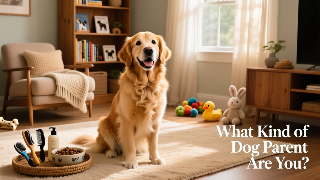 A joyful dog sitting beside a well-organized, cozy living room with toys, treats, and grooming supplies nearby