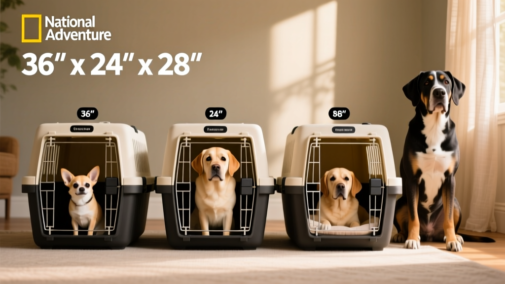 Side-by-side comparison of crate sizes labeled with dimensions and corresponding dog breeds