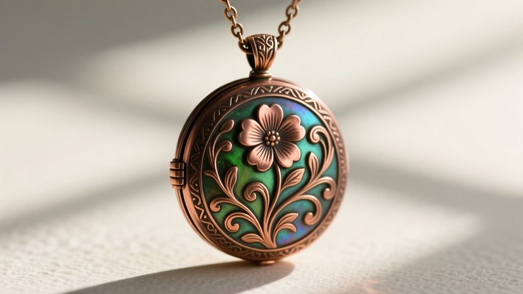 Macro shot of a Victorian pinchbeck locket pendant necklace showing repousse floral motifs and a natural copper-zinc patina