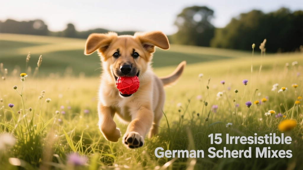 A playful Golden Shepherd puppy running through grass with a toy in its mouth