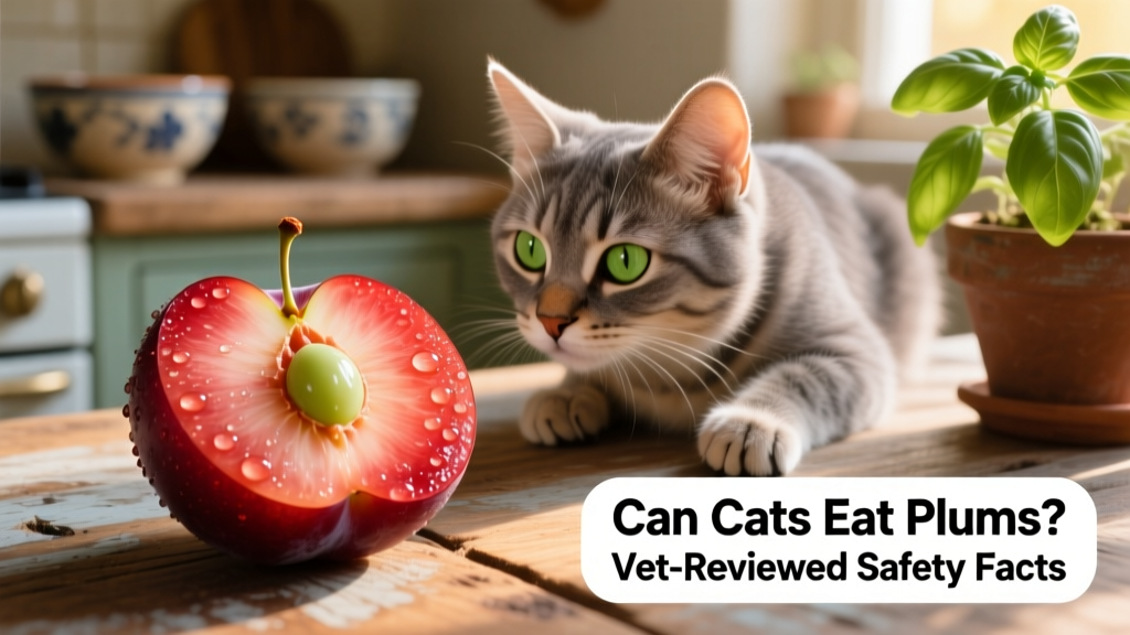 A fresh, ripe plum sliced open next to a curious cat sitting nearby
