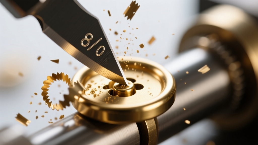 Macro shot of a jewelers saw cutting through a brass button shank, showing fine metal dust and an 8/0 blade.