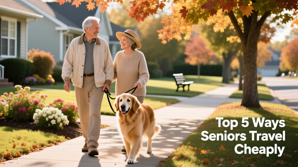 Senior couple walking a dog in a sunlit neighborhood