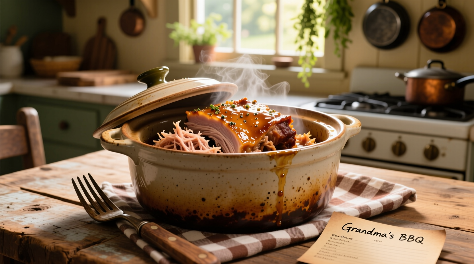 Shredded pulled pork in slow cooker with fork