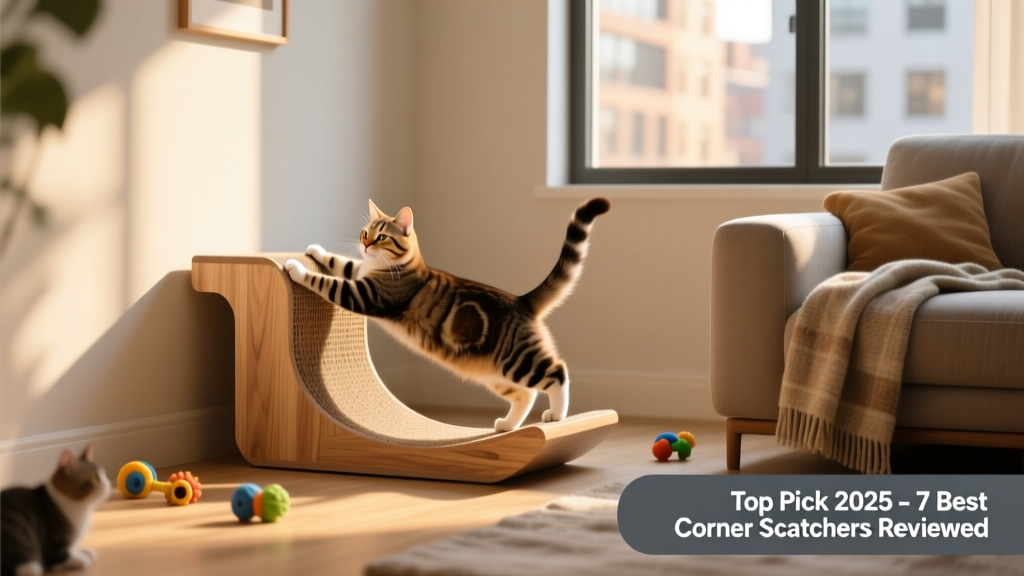 A modern corner cat scratcher installed in a living room corner, with a cat stretching and scratching on it