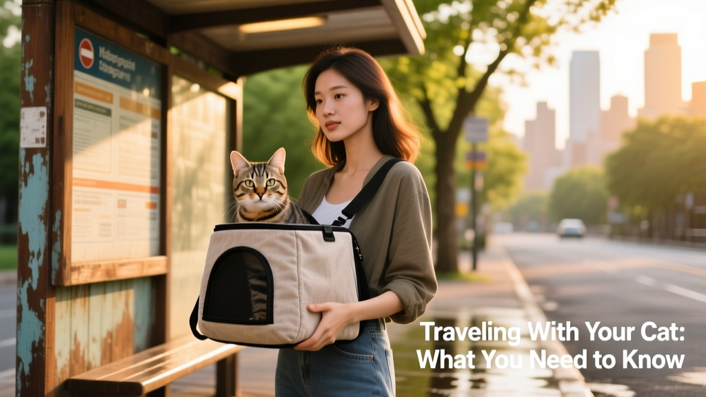 A person holding a covered carrier with a calm cat peeking out slightly, standing near a bus stop