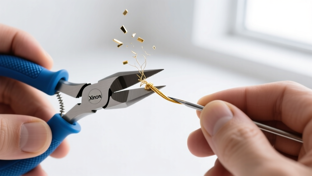 Close-up of hands using Xuron micro-shears to snip 24-gauge gold-filled wire, highlighting the ergonomic blue grips.