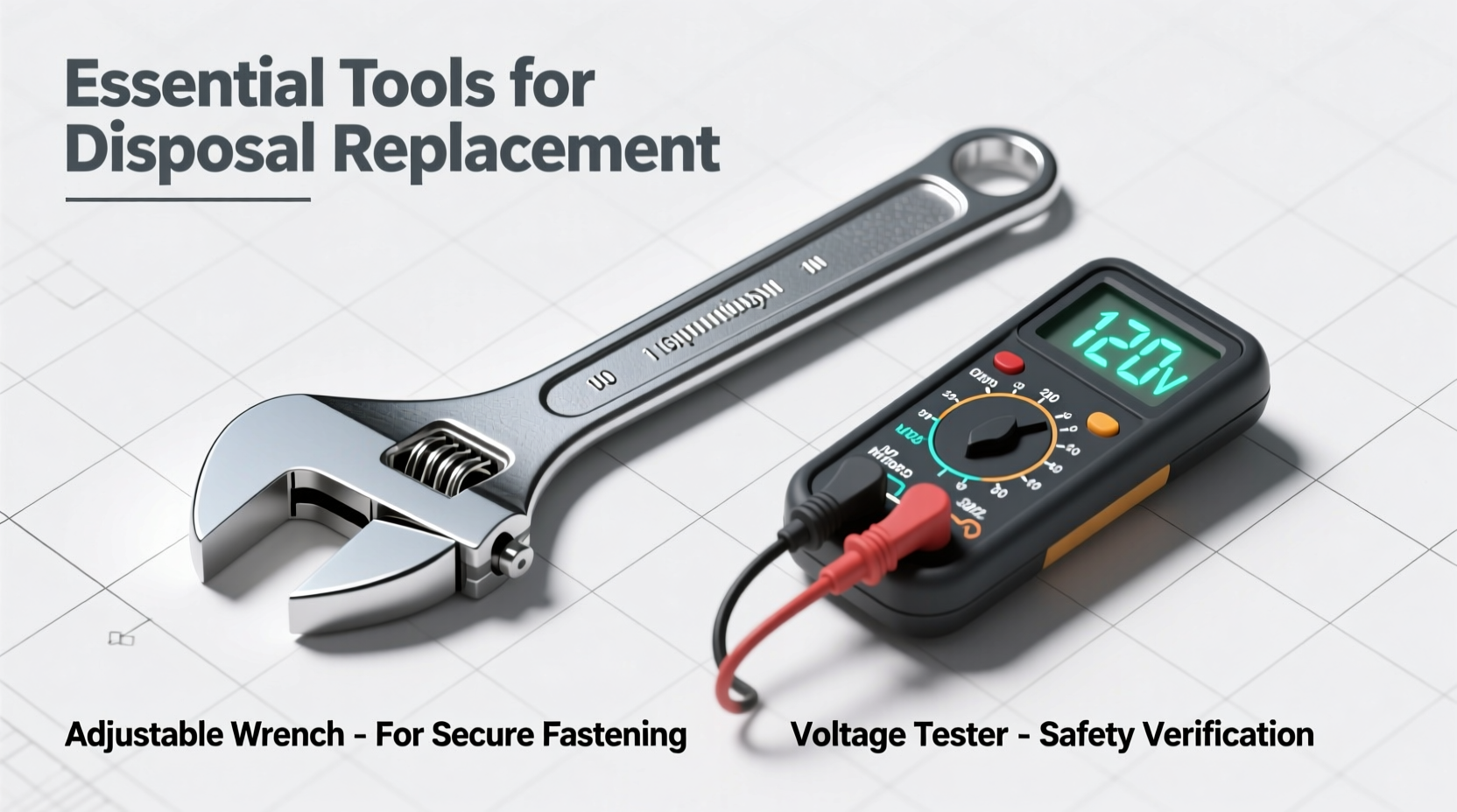 Essential tools for disposal replacement: wrench voltage tester