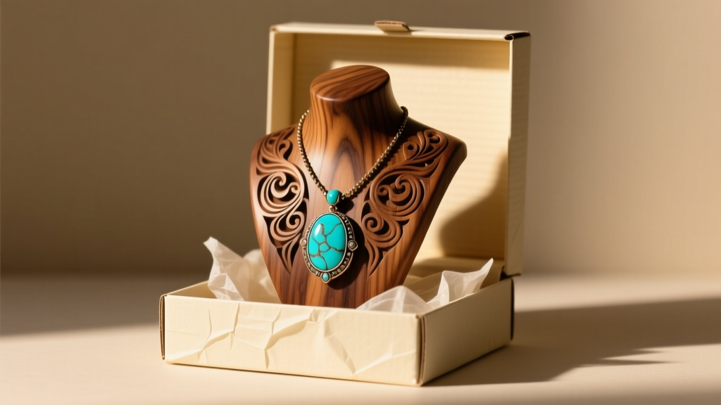 Carved walnut wood necklace bust displaying a turquoise artisan pendant inside an open gift box under warm lighting