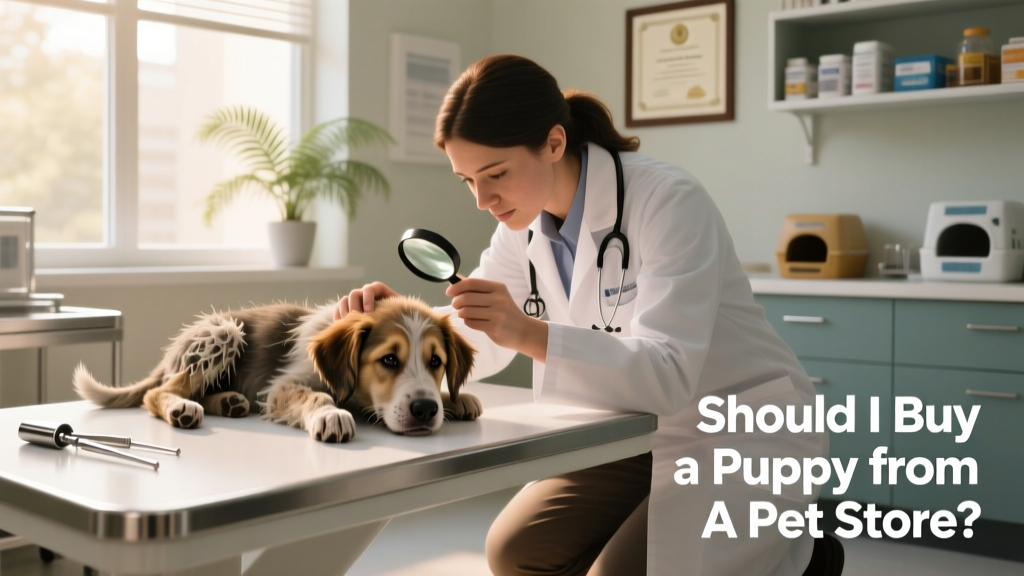 A sick puppy receiving veterinary care at a clinic, with a veterinarian gently examining it