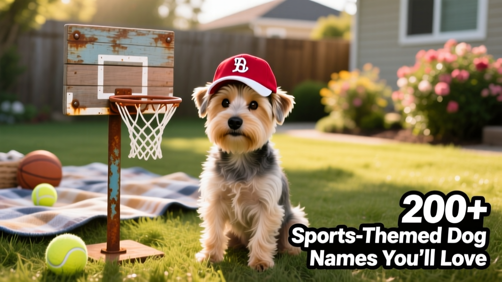 Small terrier wearing a tiny baseball cap and sitting beside a mini basketball hoop