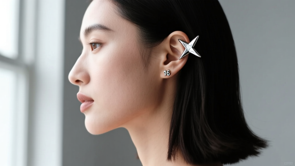 Side profile of a woman with a curated ear stack featuring a 16-gauge titanium double cross ear crawler on her upper cartilage.