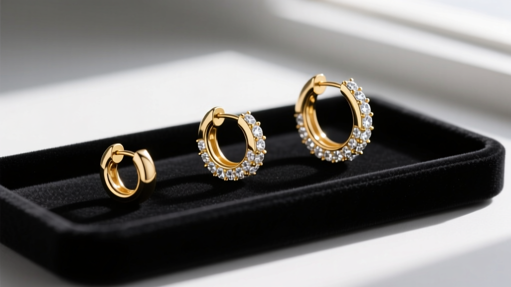 Flat lay of various gold diamond huggie earrings in 8mm, 10mm, and 12mm inner diameters, displayed on a dark velvet jewelry tray