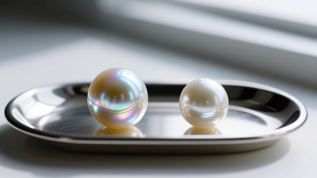 Macro close-up comparing high-luster Hanadama Akoya pearls with duller freshwater pearls on a silver grading tray, sharp focus