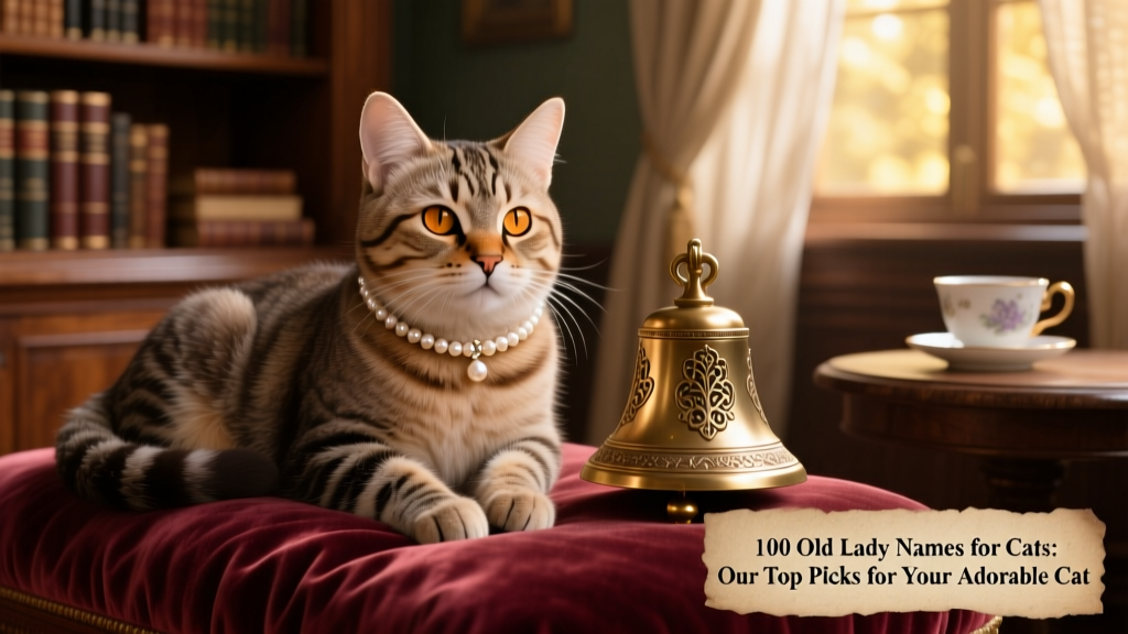 A senior tabby cat wearing a delicate pearl-embellished collar, resting on a velvet cushion beside a vintage brass bell
