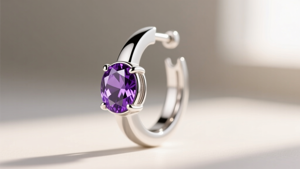 Macro photography of an Argentium silver huggie earring with a tiny bezel-set purple sapphire, highlighting the bright white metal
