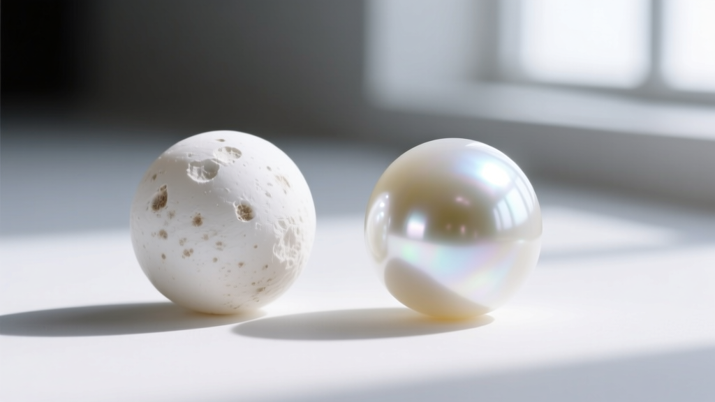 Macro photography comparing a low-grade chalky white pearl with visible blemishes next to a flawless, mirror-luster Hanadama grade white Akoya pearl