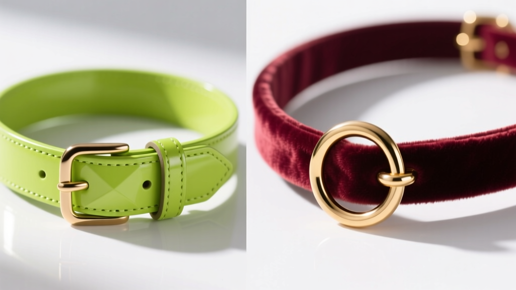 Side-by-side macro shot of a waterproof neon green BioThane band and a delicate crushed burgundy velvet choker with brass D-rings
