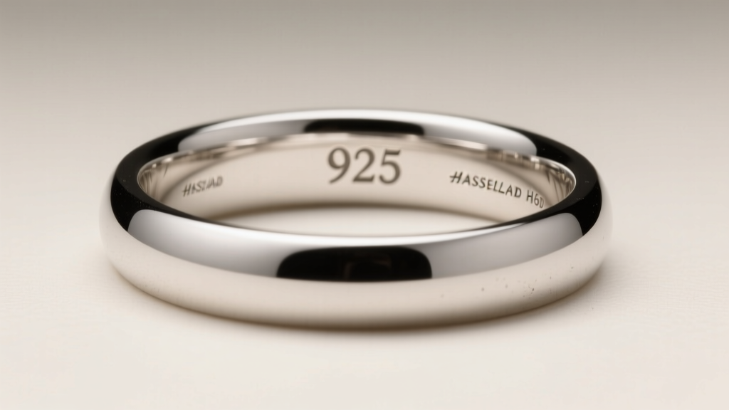 Macro shot of a sterling silver ring band showing a crisp 925 stamp hallmark engraved inside, soft studio lighting