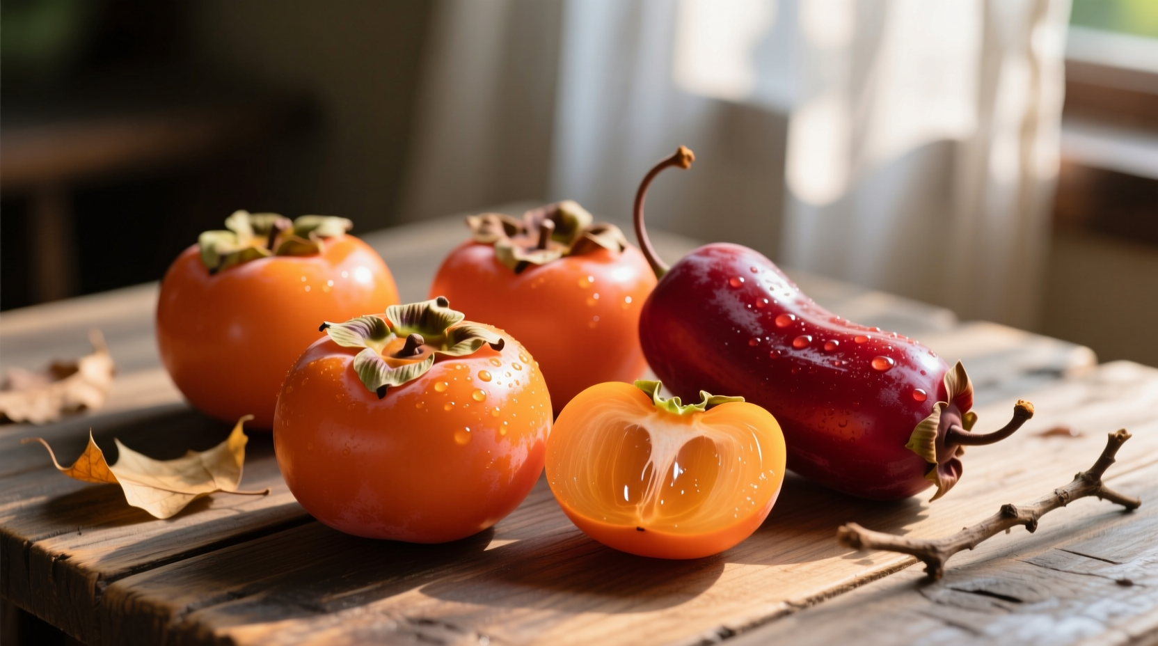 Ripe persimmons showing both Fuyu and Hachiya varieties