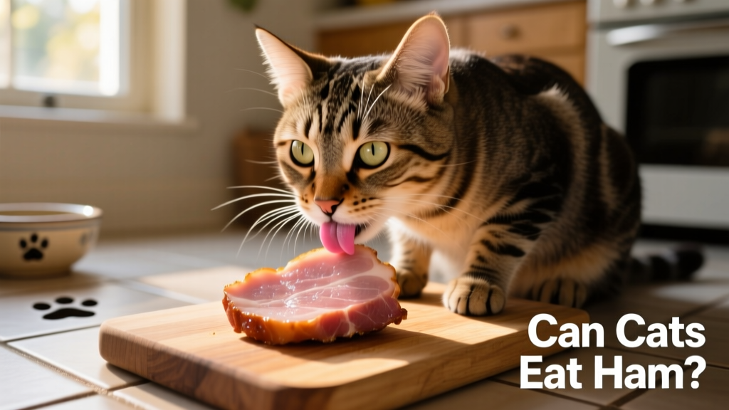 Tabby cat licking its lips over a small piece of cooked ham