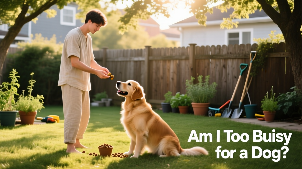 A person calmly practicing positive-reinforcement training with their dog using treats and gentle hand signals in a sunlit backyard