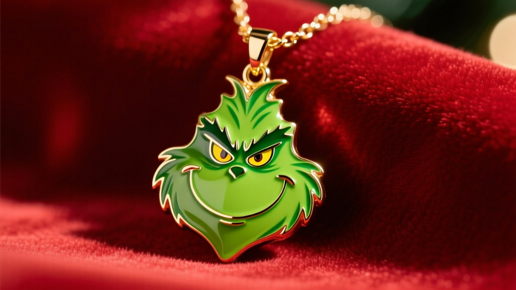 Vibrant green enamel Grinch face pendant on a delicate gold vermeil cable chain resting against a red velvet holiday backdrop