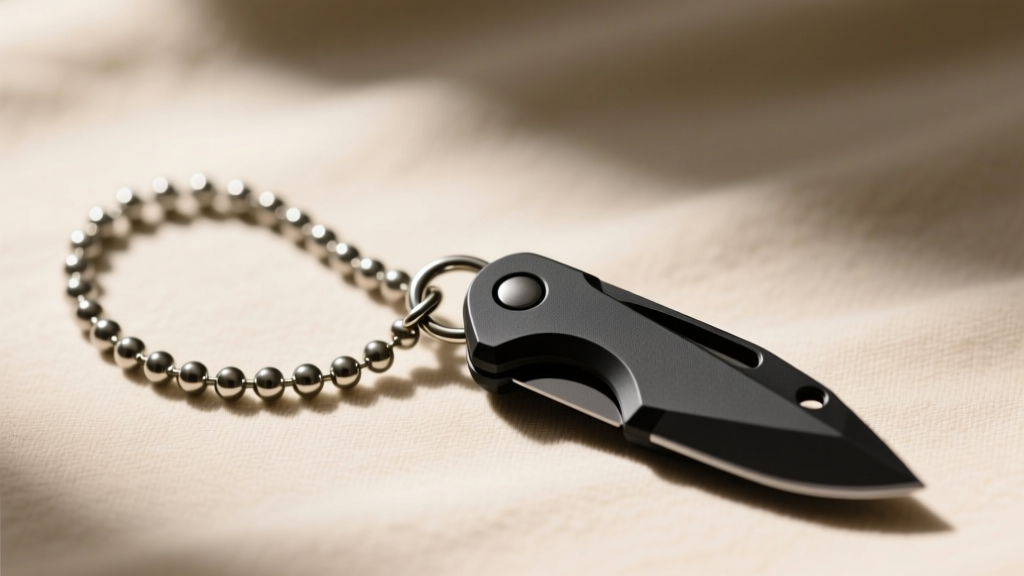 Overhead view of a 3mm steel ball chain attached to a breakaway clasp, connected to a minimalist black Zytel neck knife sheath.