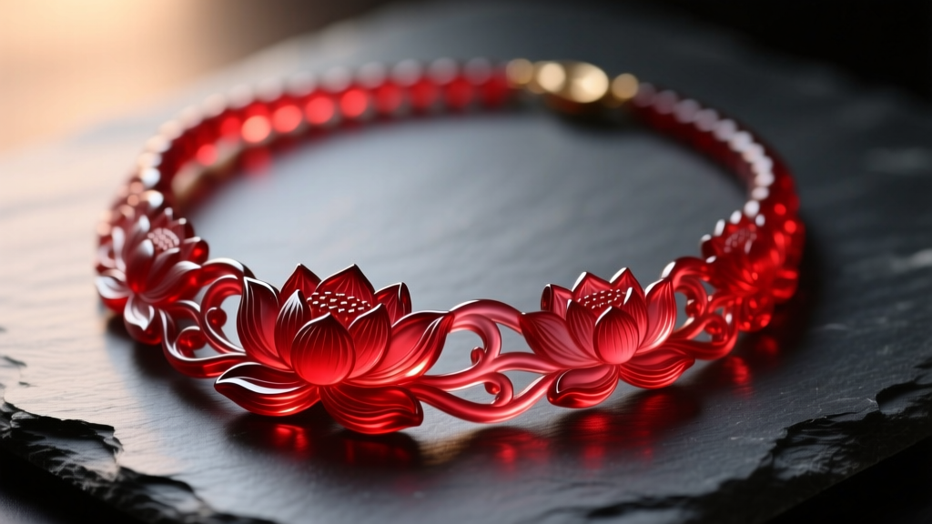 Macro close-up of a ruby red Peking glass necklace with carved lotus motifs, resting on dark slate under warm directional lighting