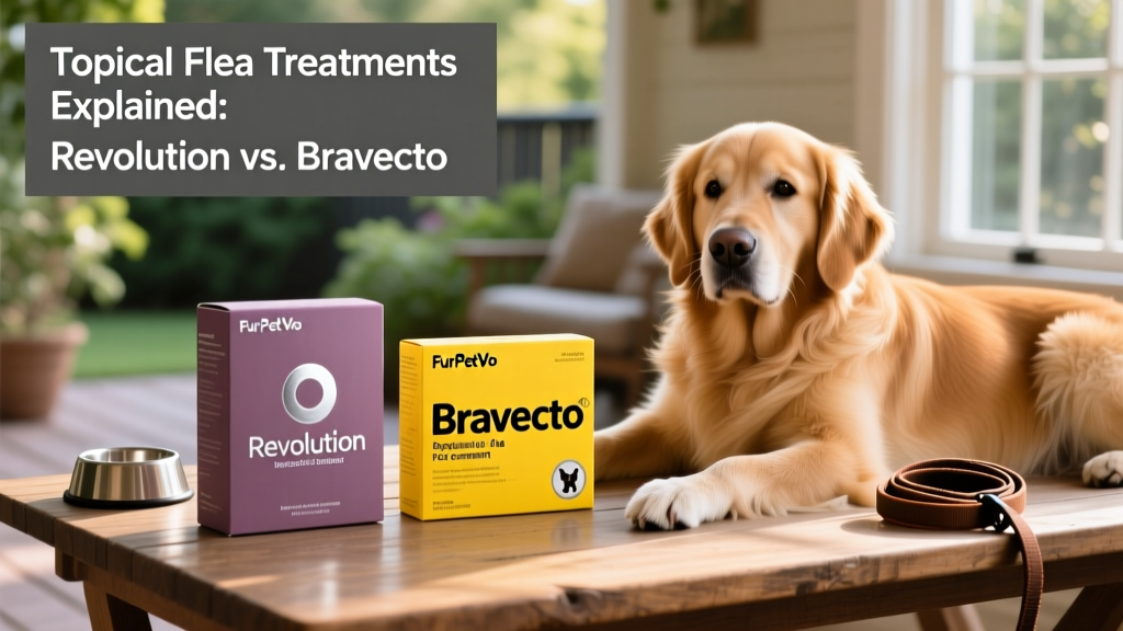 Side-by-side comparison of FurPetVo topical treatment packaging: Revolution (mauve box) and Bravecto (yellow box)