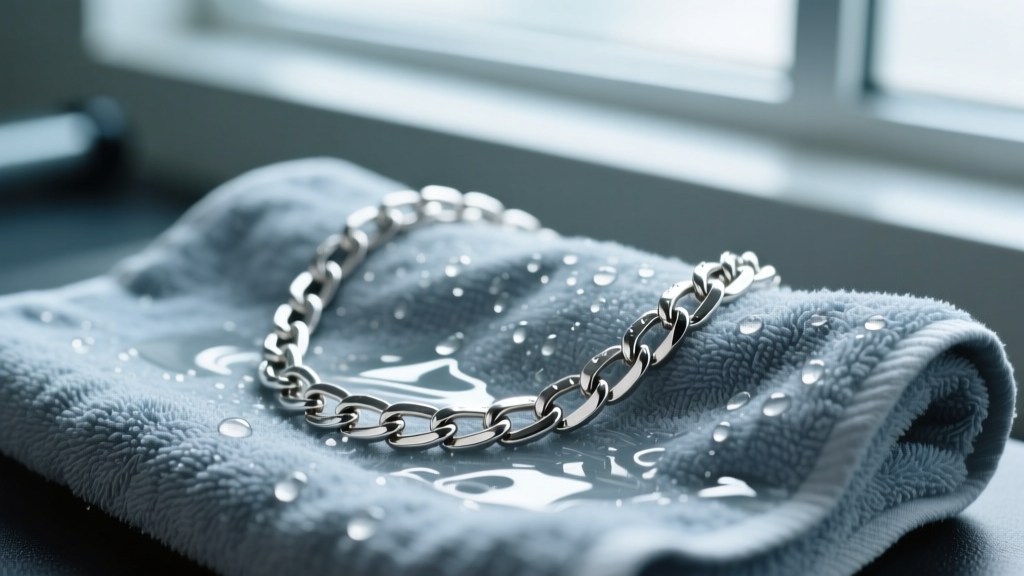 A 3mm stainless steel curb chain necklace resting on a damp gym towel, showcasing the metal