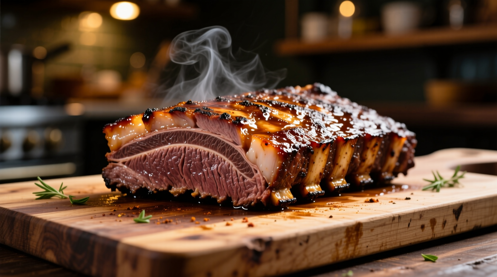 Perfectly grilled brisket with smoke ring on cutting board