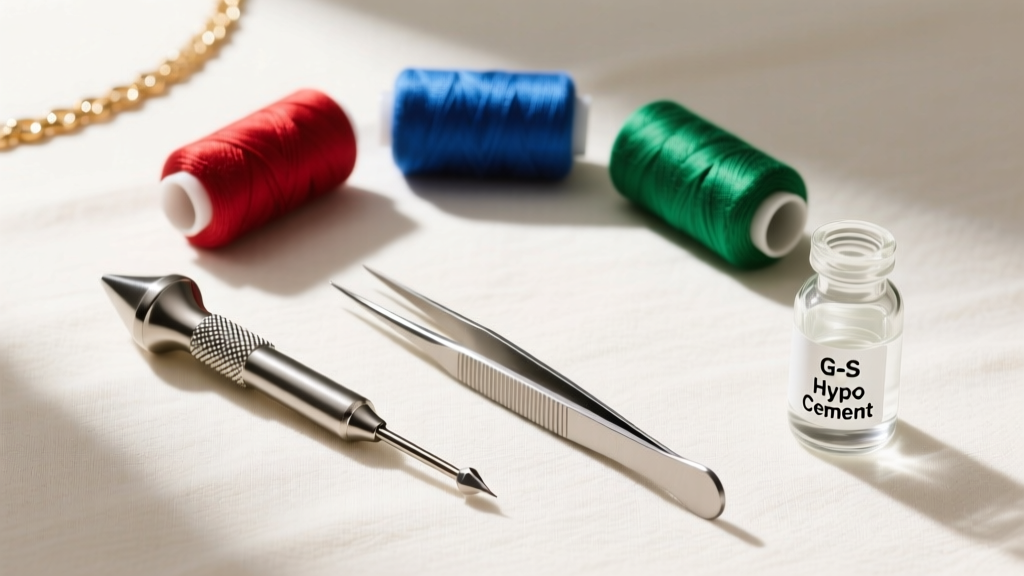 Flat lay of necklace repair tools including a beading awl, fine tweezers, G-S Hypo Cement, and spools of colored nylon thread