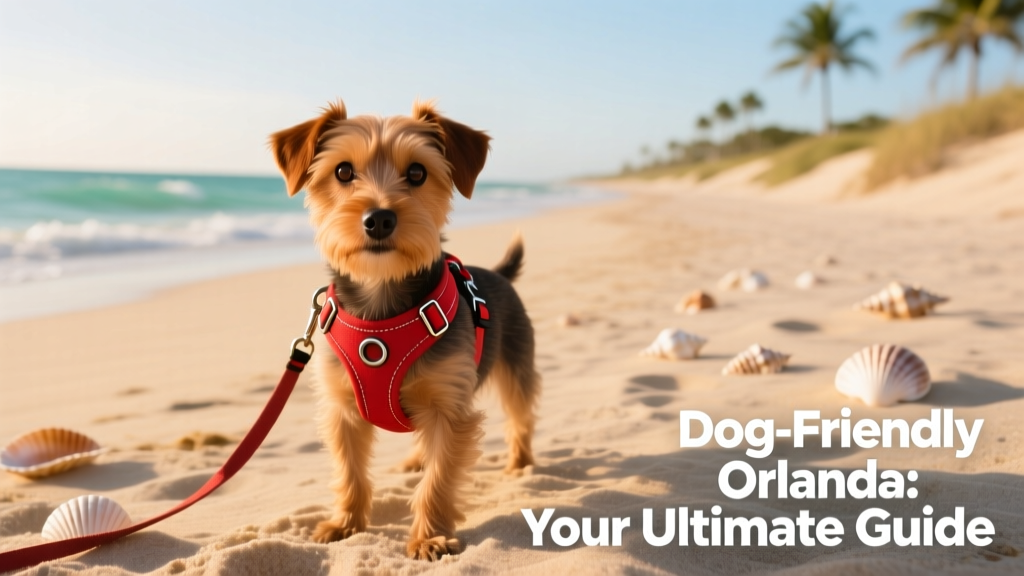 A small brown dog in a red harness looking curiously at the camera on a soft sandy beach near Orlando