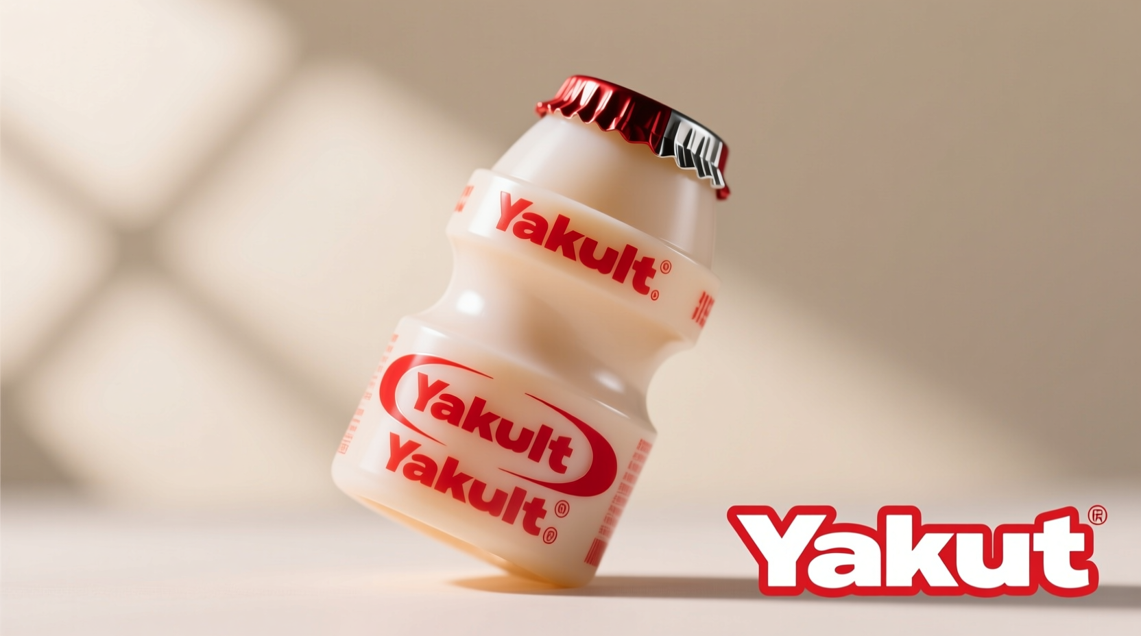 Close-up of Yakult bottle showing its distinctive shape and color