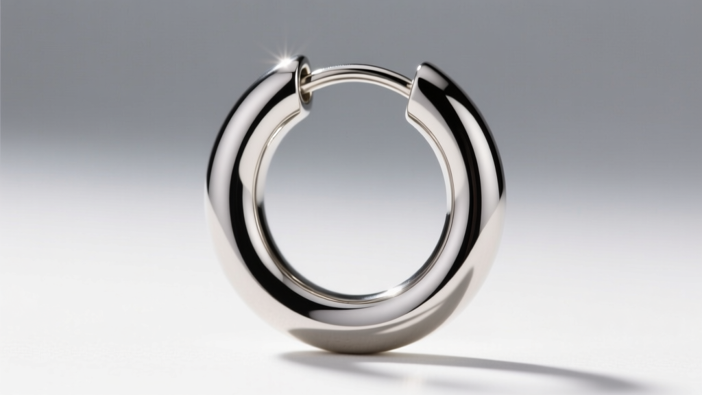 Macro pencil sketch of an 18-gauge titanium huggie earring highlighting thickness and high-contrast metallic reflection mapping.