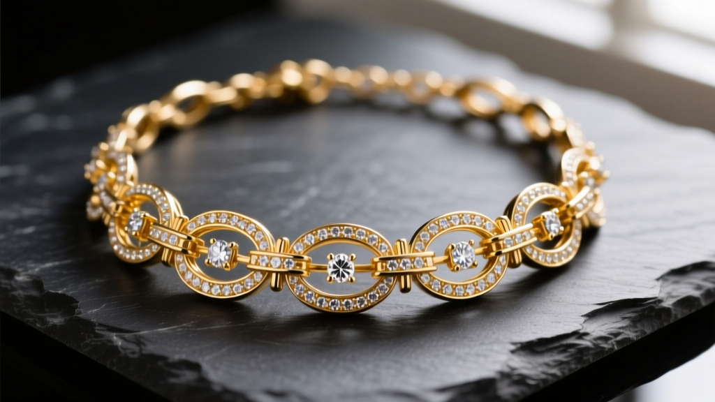 Macro shot of an 18k gold articulated puppeteer necklace with micro-hinges and pavé diamonds resting on a dark slate surface.