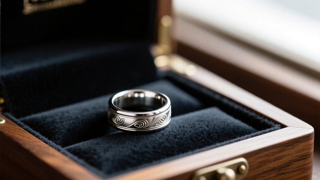 Silver ring on dark anti-tarnish felt inside a retrofitted wood jewelry display rack, lit by soft natural window light, macro view