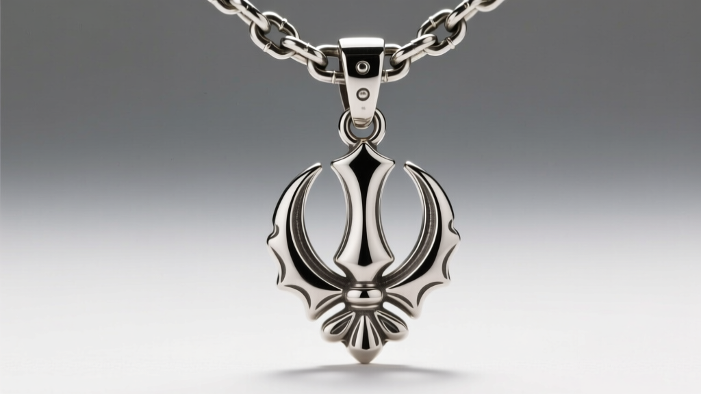 Close-up of a 2.0mm steel box chain threading through a reinforced soldered bail loop on a heavy solid silver Khanda pendant