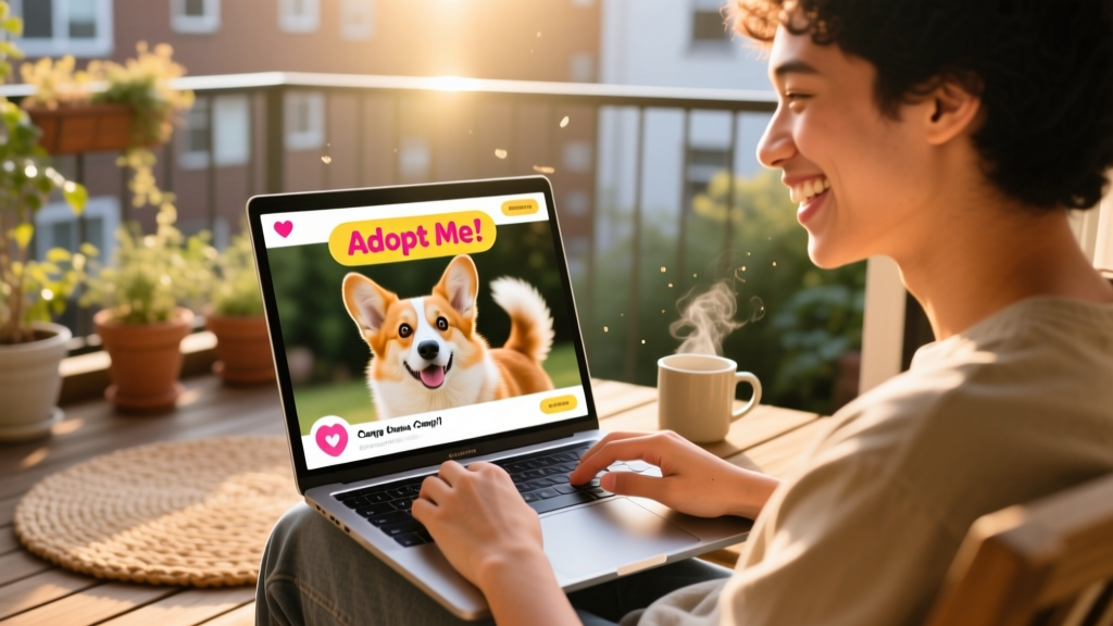 A smiling person scrolling through a Corgi adoption profile on a laptop screen