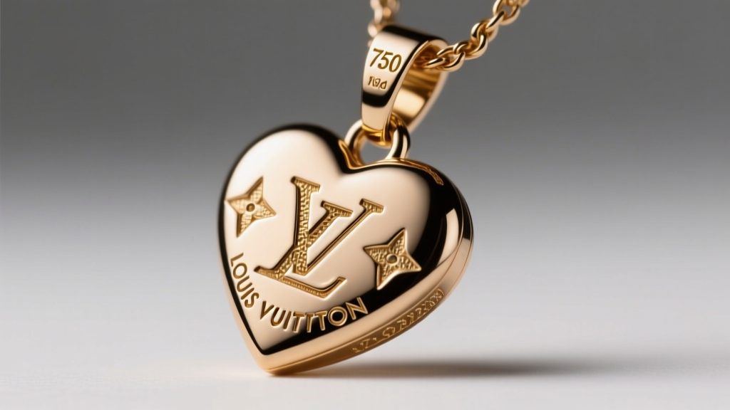 High-resolution macro shot of the 750 gold purity stamp and serial micro-engraving on the bail of an authentic LV heart pendant.