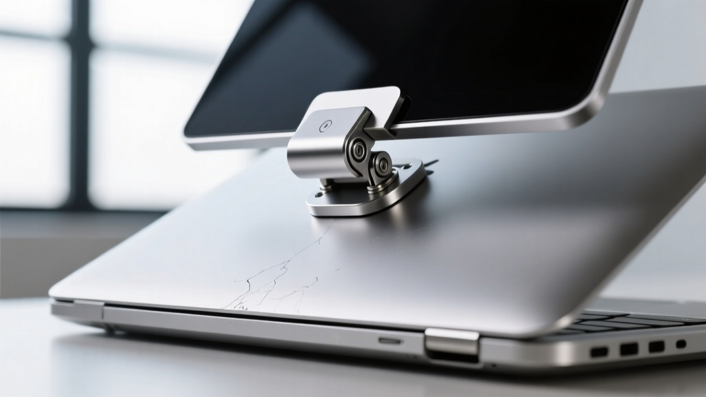 Close-up of a magnetic portable monitor hinge attached to the back of a premium aluminum laptop, highlighting the mechanical stress point.