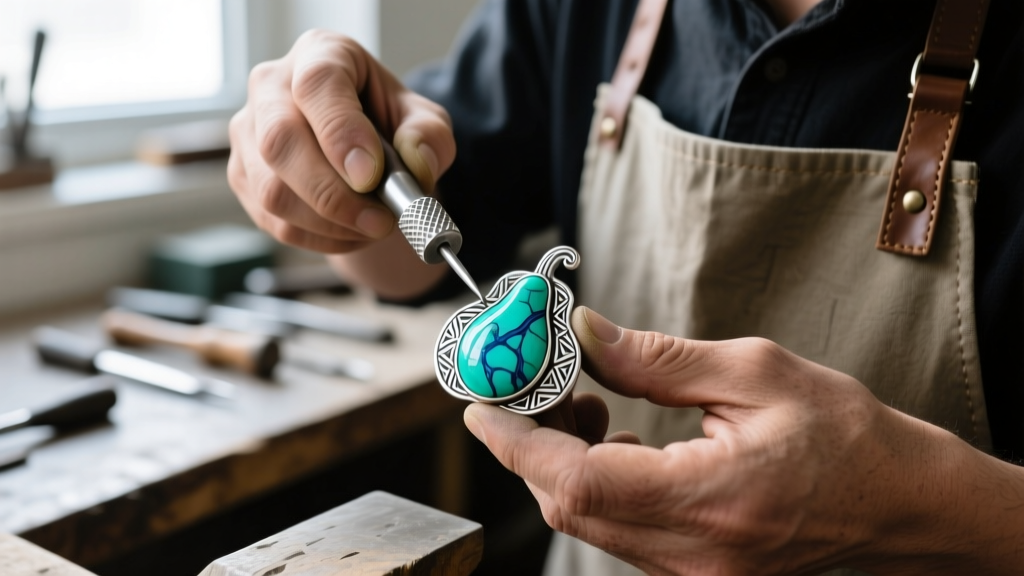Jeweler using a nylon-tipped bezel roller to secure a loose turquoise stone into a stamped sterling silver squash blossom motif