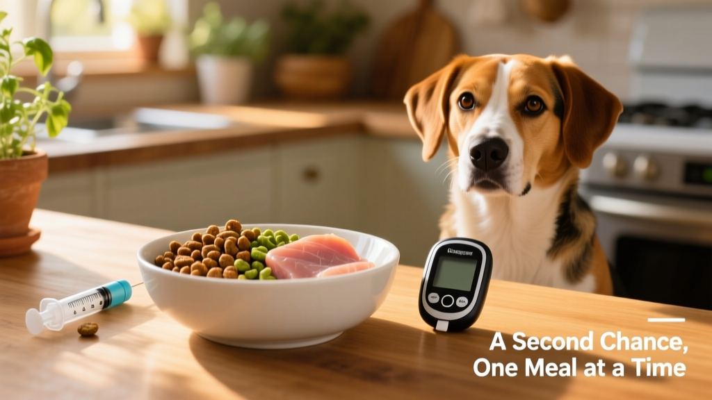 A balanced meal of high-fiber kibble and lean protein served in a clean bowl beside an insulin syringe and glucose monitor