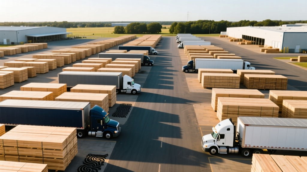 Aerial view of a large lumber and building materials distribution yard in Tulsa Oklahoma with stacked engineered wood and delivery trucks