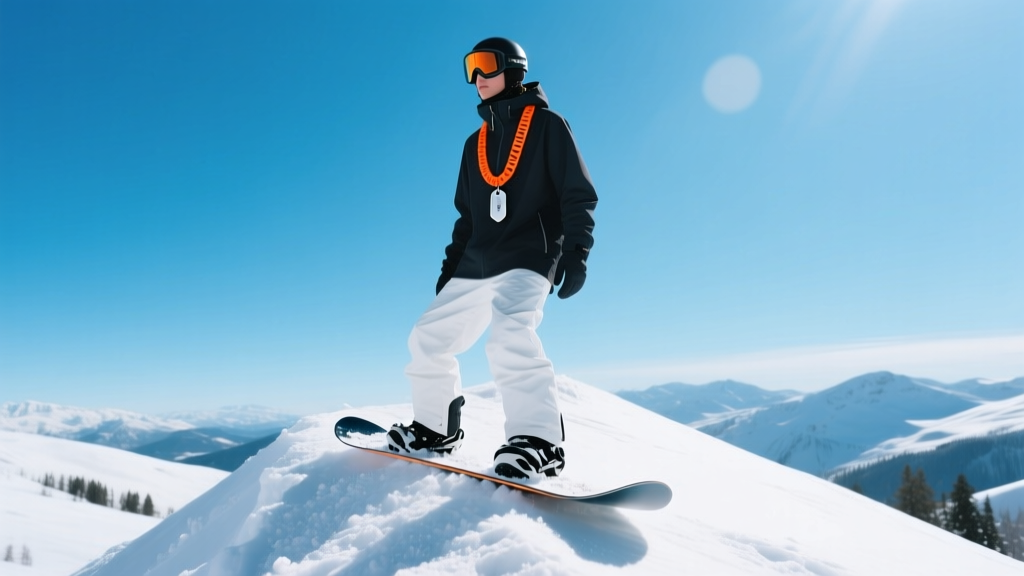 Snowboarder wearing a bright orange UHMWPE ski necklace with a titanium dog tag, standing on a snowy peak under clear blue skies