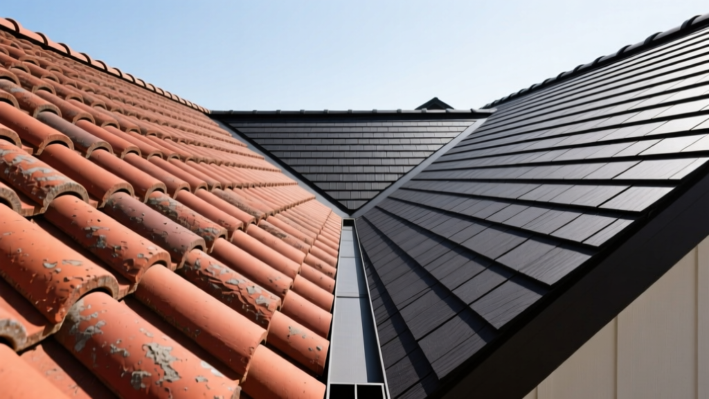 Side-by-side roofing application showcase featuring heavy terracotta concrete tiles on the left and dark charcoal Shake Freddy's synthetic shakes on the right